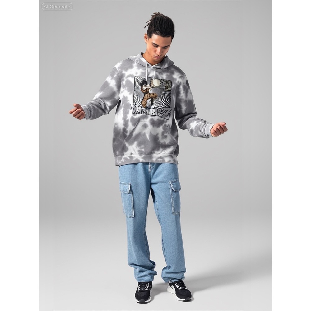 Dragon Ball Goku Kamehameha Blast Kanji Logo Cloud Wash Ground Pullover Hoodie L